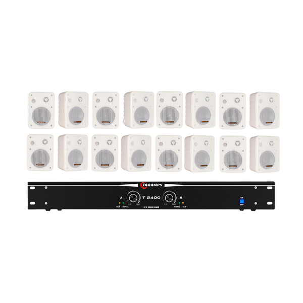 kit amplificador t2400 taramps 16 caixas acusticas hayonik msb 30w branco