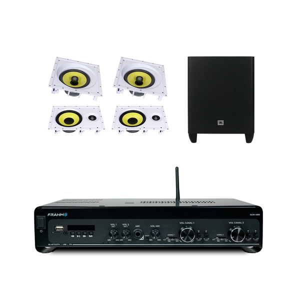 amplificador slim 4100 frahm mais 2 ci8sa plus mais duas ci8r plus mais um ci8p subwoofer jbl