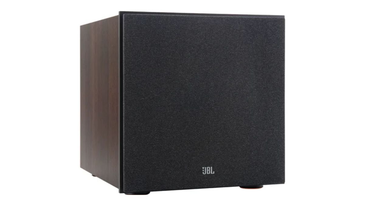 subwoofer ativo jbl stage 200p 10 polegadas 150w rms espresso em fundo branco